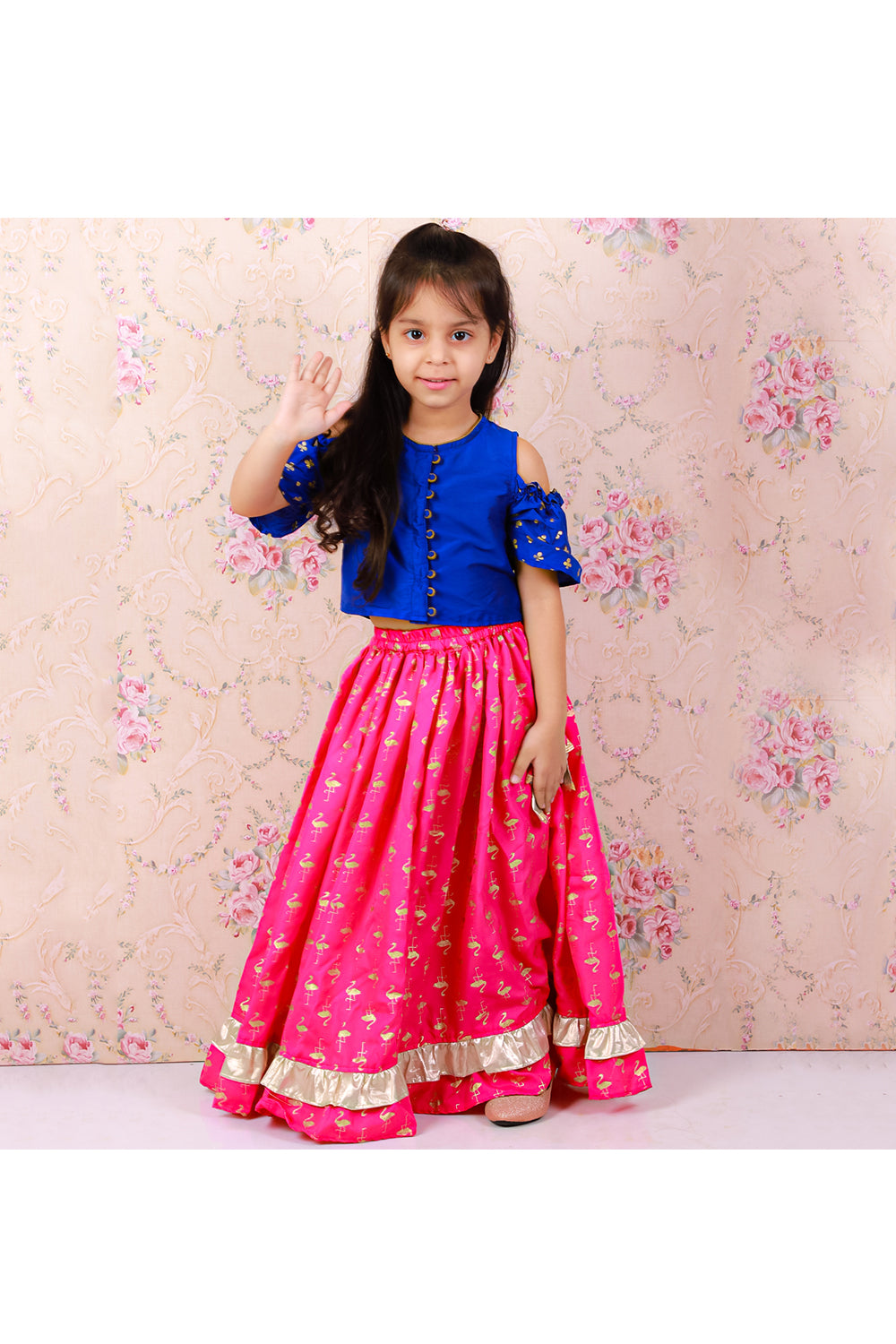 Blue cold shoulder top with flamingo printed skirt