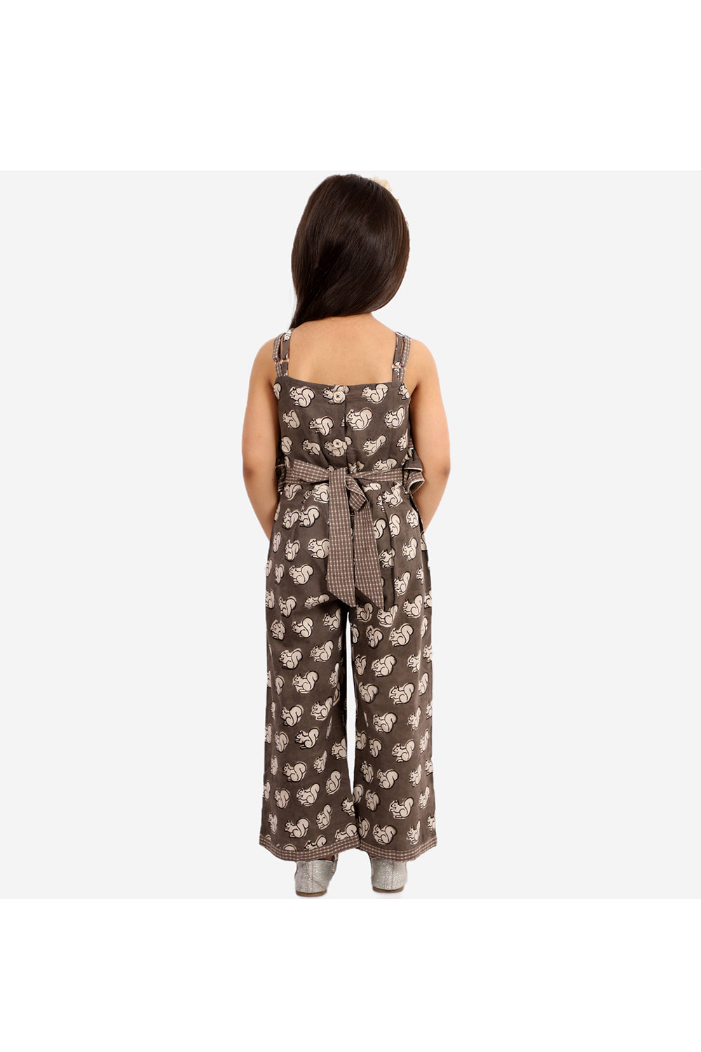 Grey squirrel printed frill detailed jumpsuit