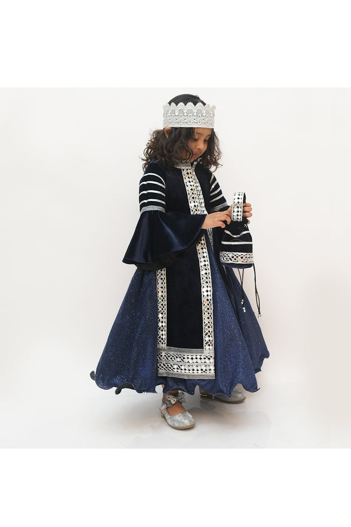 Navy blue velvet mirror work long jacket with gown