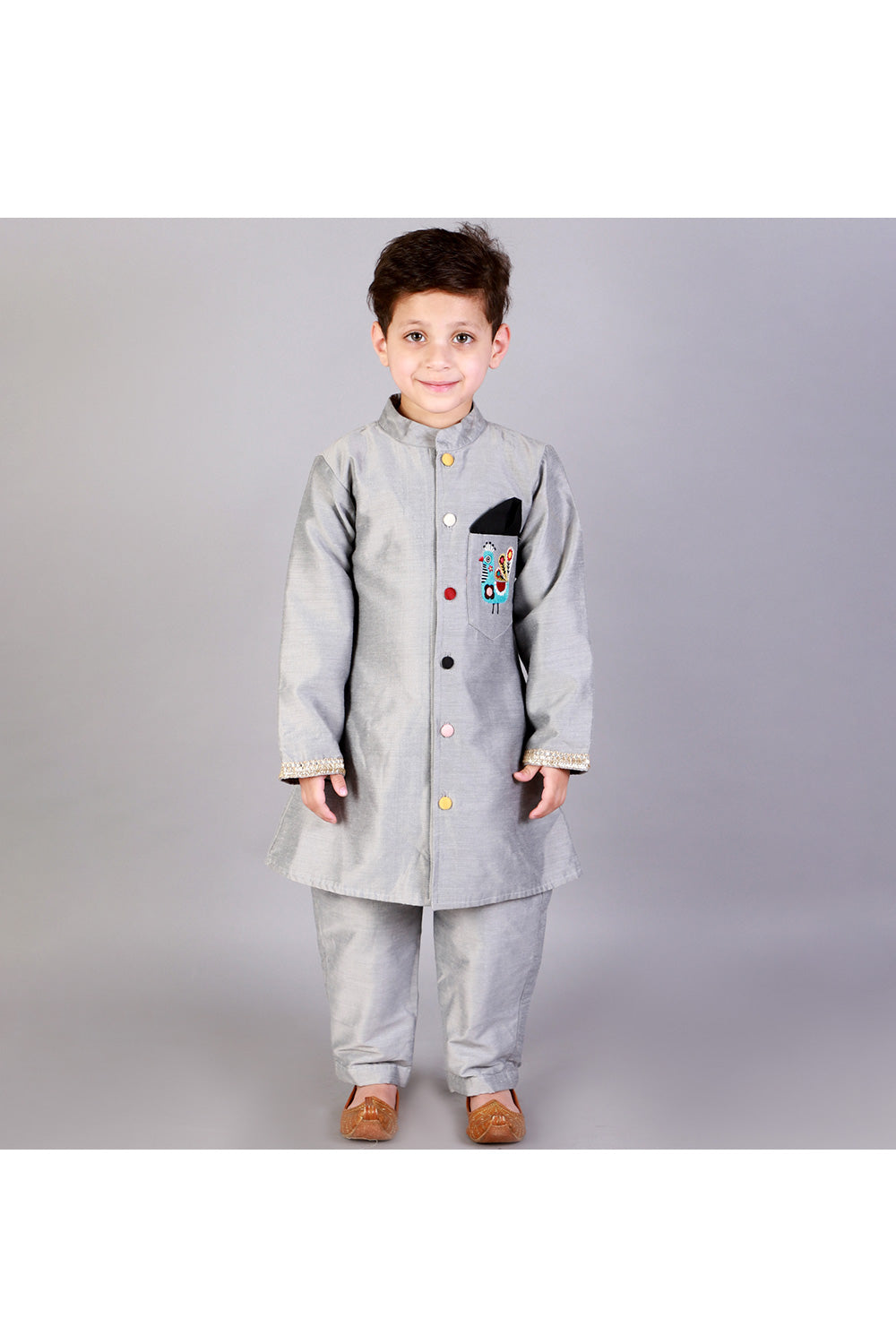 Grey Peacock Embroidered Bandhgala With Pant Set