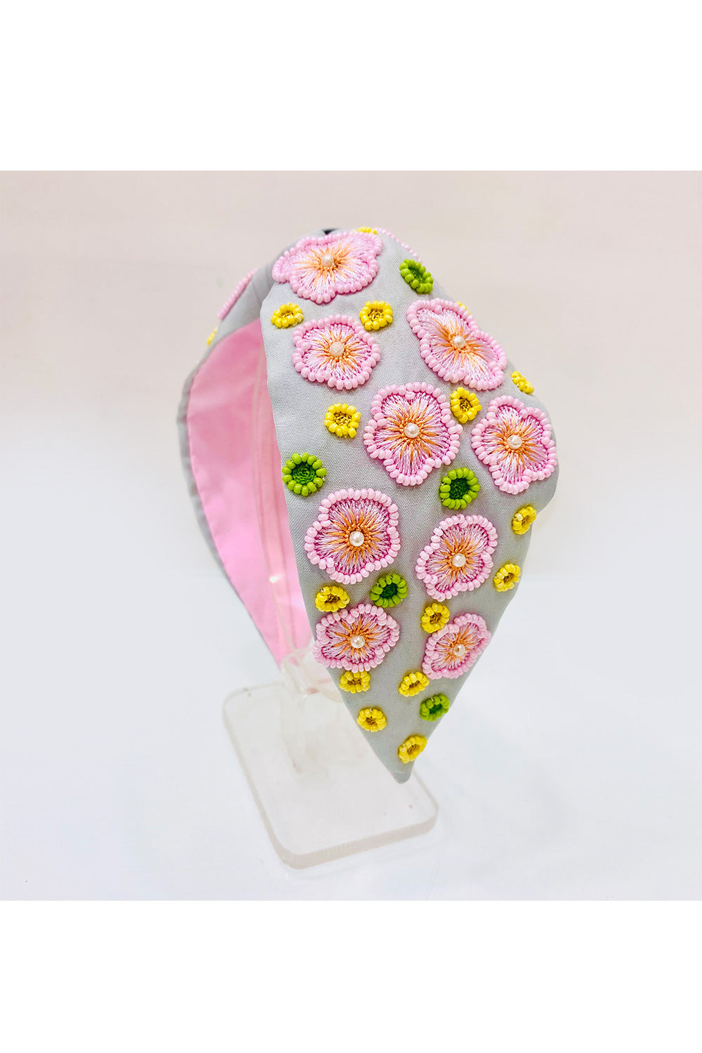 Grey And Pink Beaded Flower Embroidered Hairband