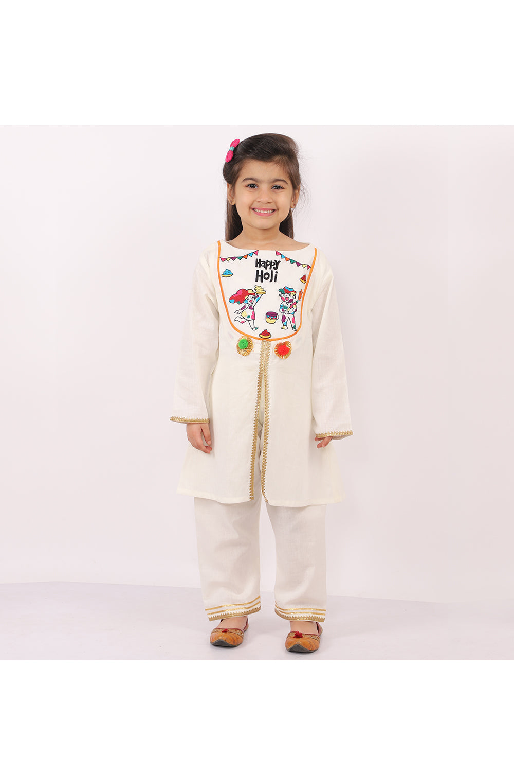 Off White Happy Holi Yoke Embroidered Frontsplit Kurta With Pyjama