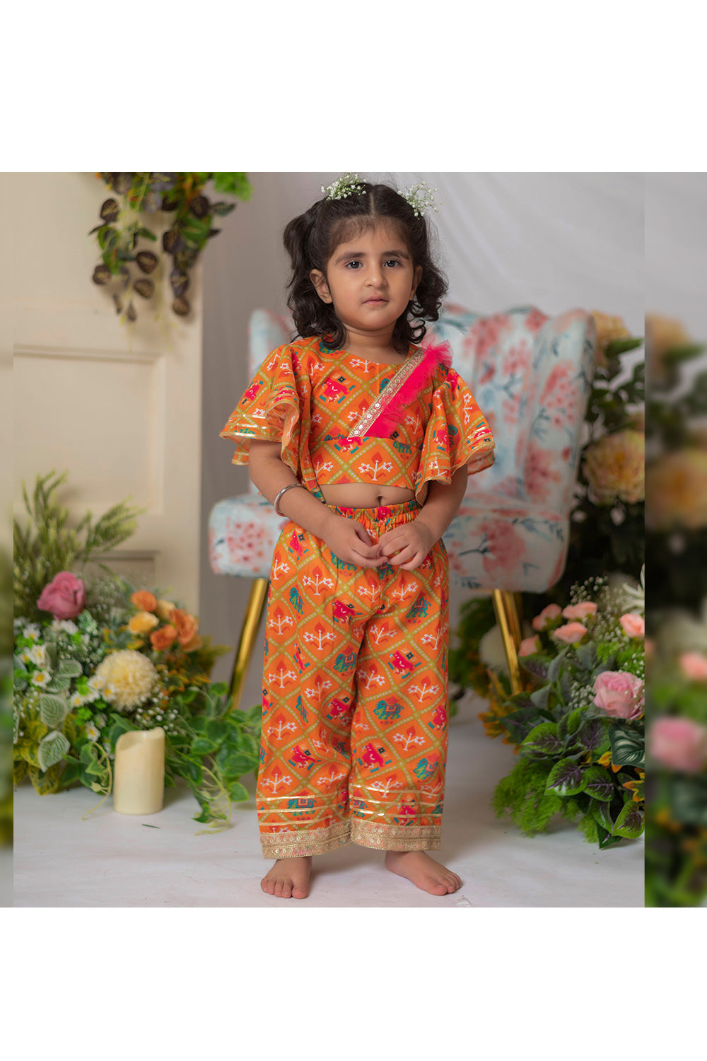 Orange Patola Printed Muslin Top With Palazzo Set