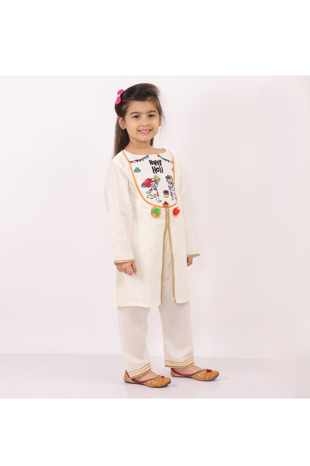 Off White Happy Holi Yoke Embroidered Frontsplit Kurta With Pyjama