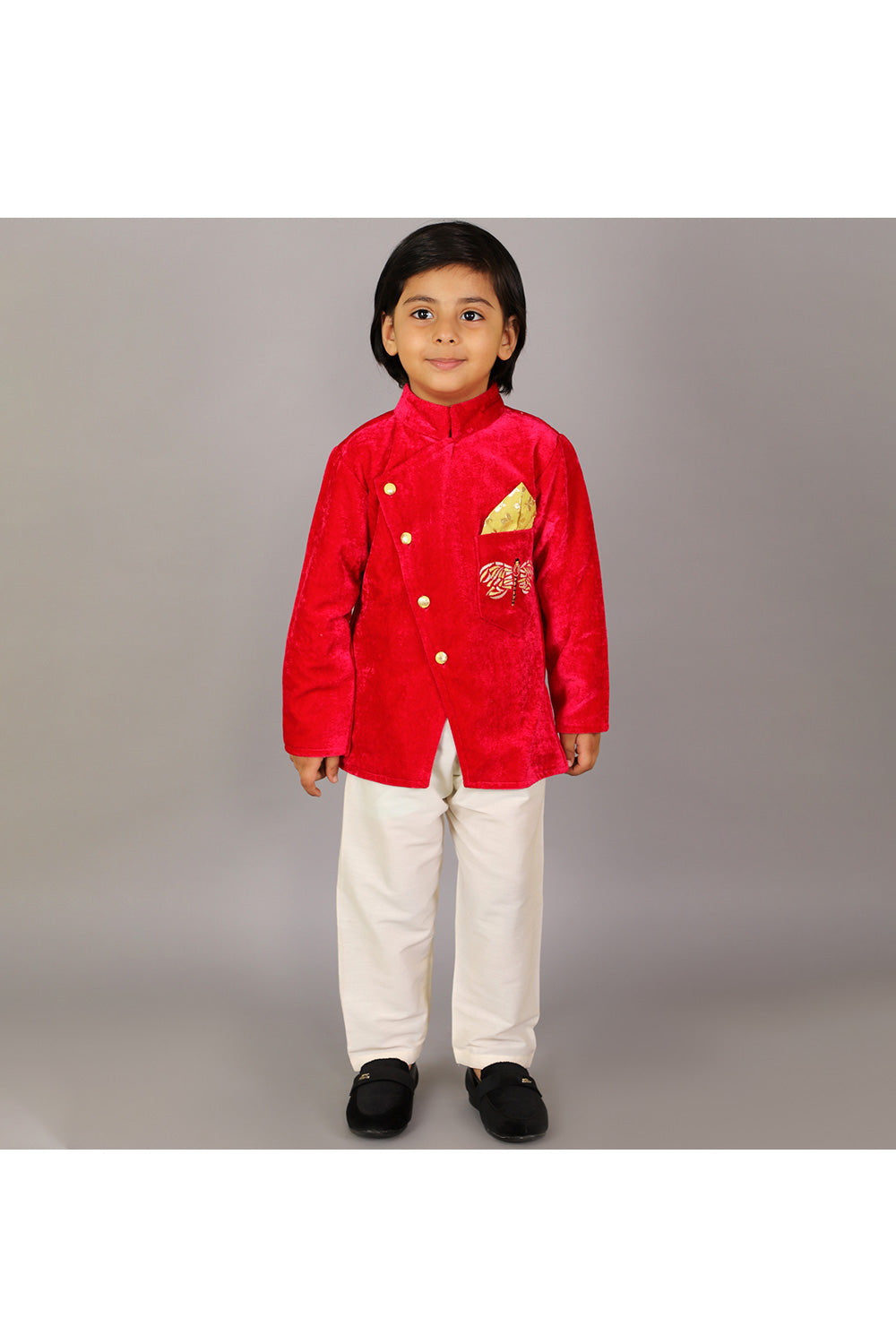 Pink Butterfly Embroidered Bandhgala With White Pant Set