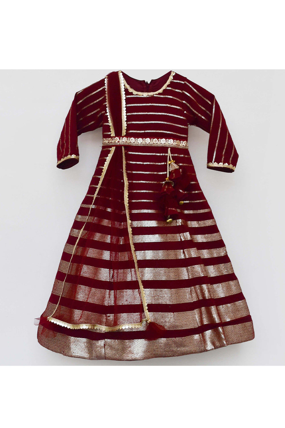 Maroon sequins embroidered strips anarkali with dupatta