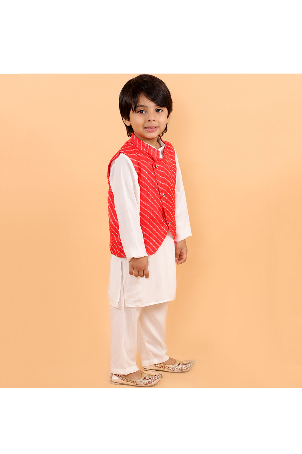 Lehriya jacket with white kurta and pyjama