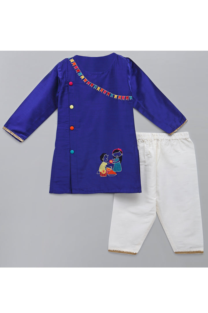 Blue Embroidered A Line Kurta With White Pyjama