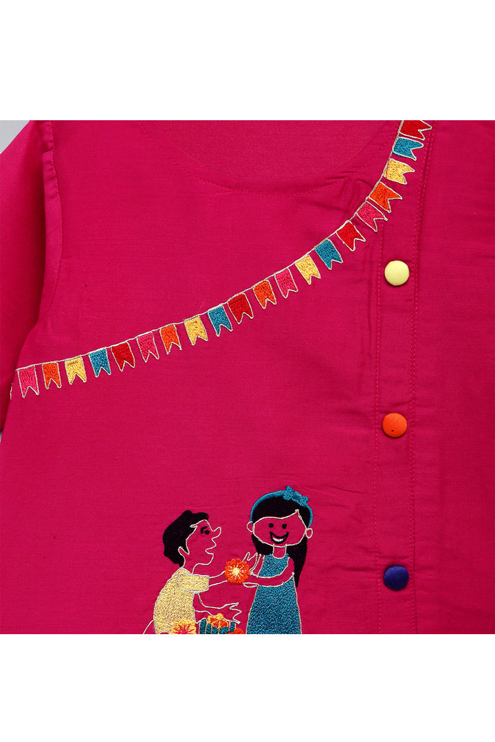 Pink Brother Sister Embroidered Kurta With White Pyjama Set