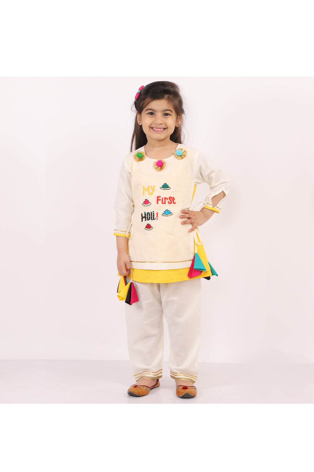Off White And Yellow First Holi Yoke Embroidered Kurta With Pyjama