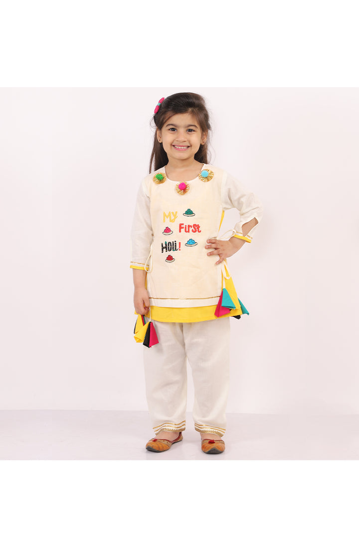 Off White And Yellow First Holi Yoke Embroidered Kurta With Pyjama