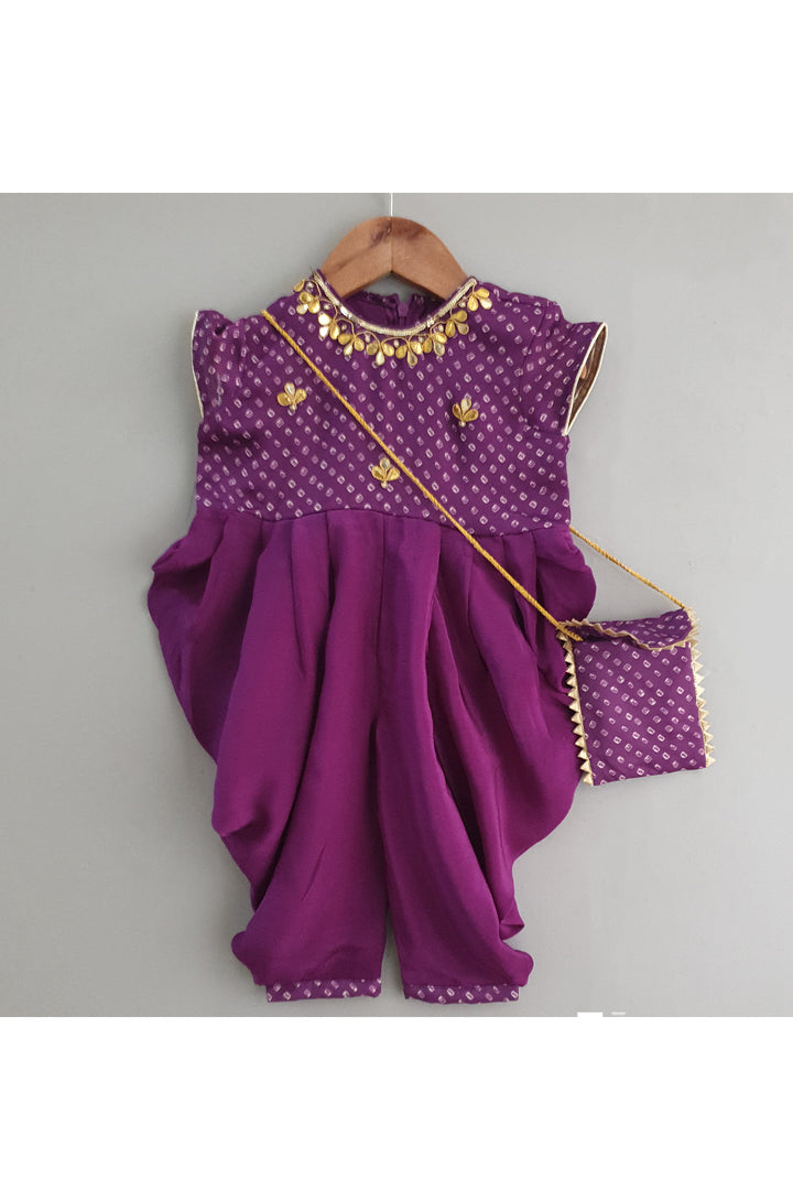 Bandhani printed yoke dhoti jumpsuit and sling bag