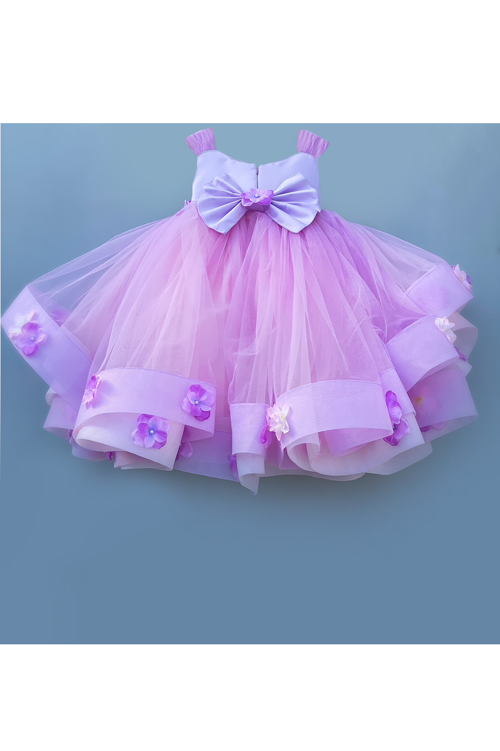 Hand embroidered 3d flowers embellished lavender high low gown