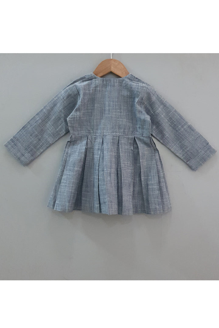 Bluish grey chambray box pleated frock dress