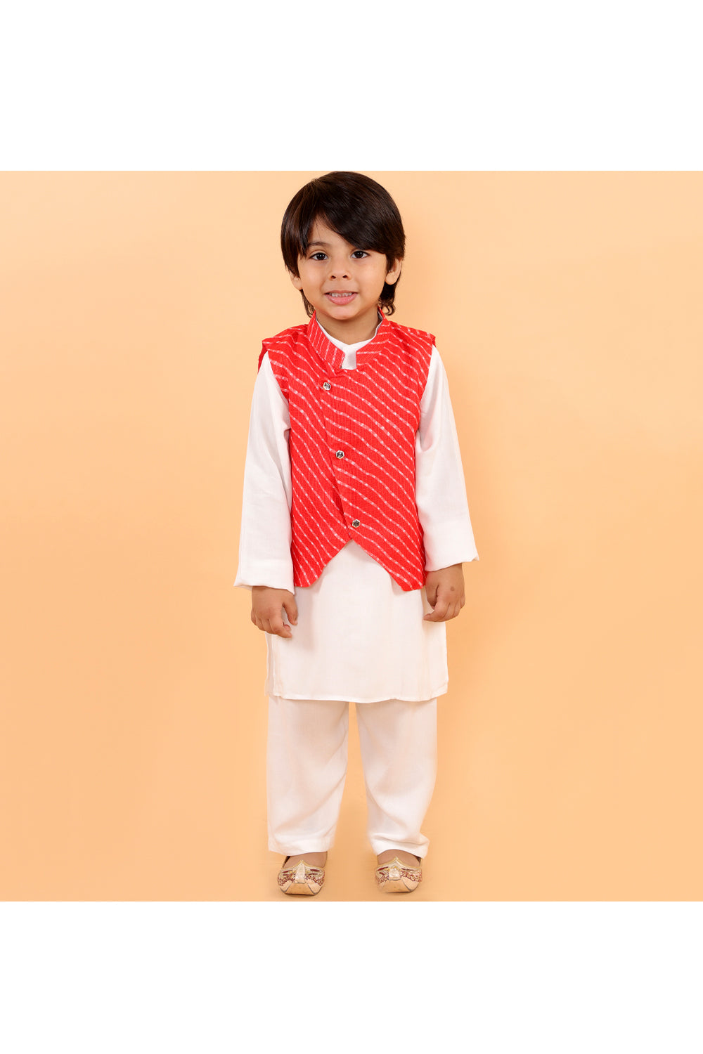 Lehriya jacket with white kurta and pyjama