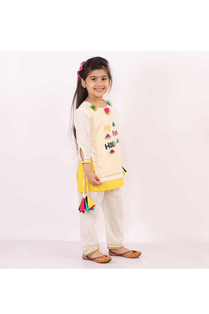 Off White And Yellow First Holi Yoke Embroidered Kurta With Pyjama