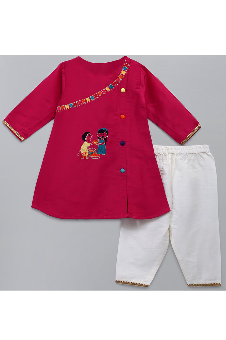 Pink Brother Sister Embroidered Kurta With White Pyjama Set