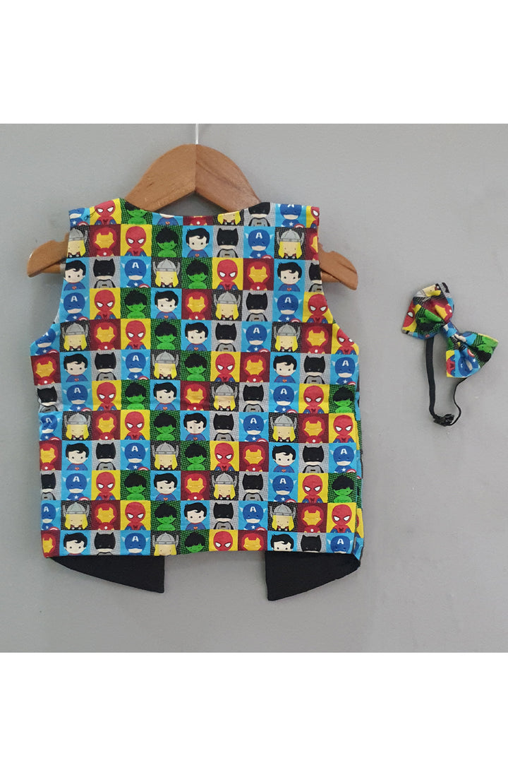 Multicolor super heroes printed waist coat with bow tie