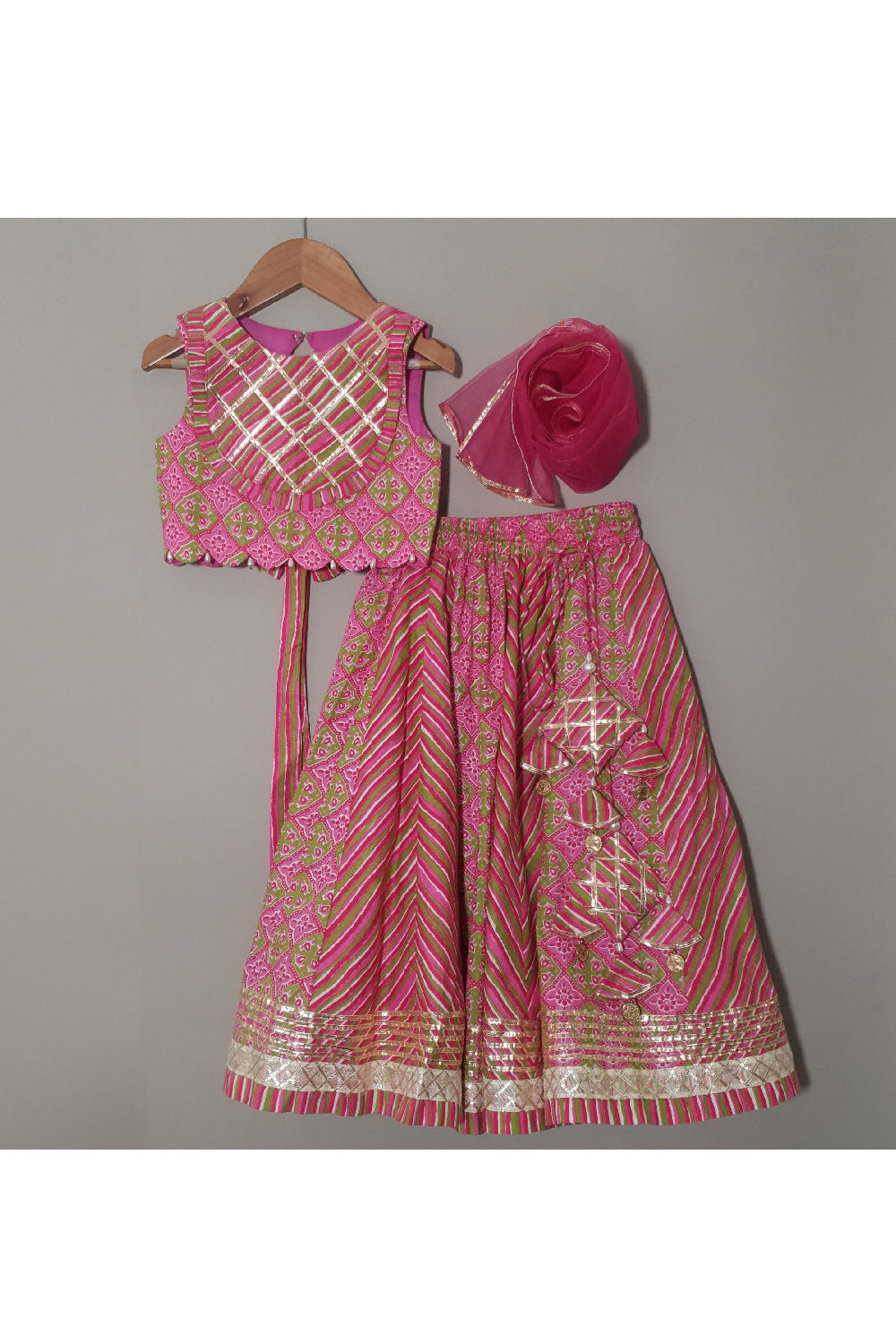 Pink Printed And Lace Detailing Cotton Top With Lehenga Set