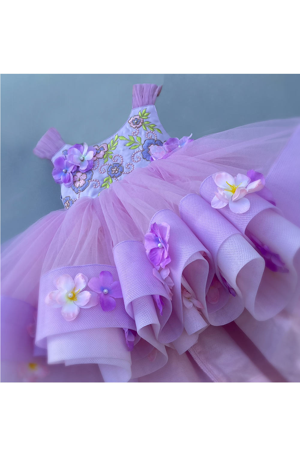Hand embroidered 3d flowers embellished lavender high low gown