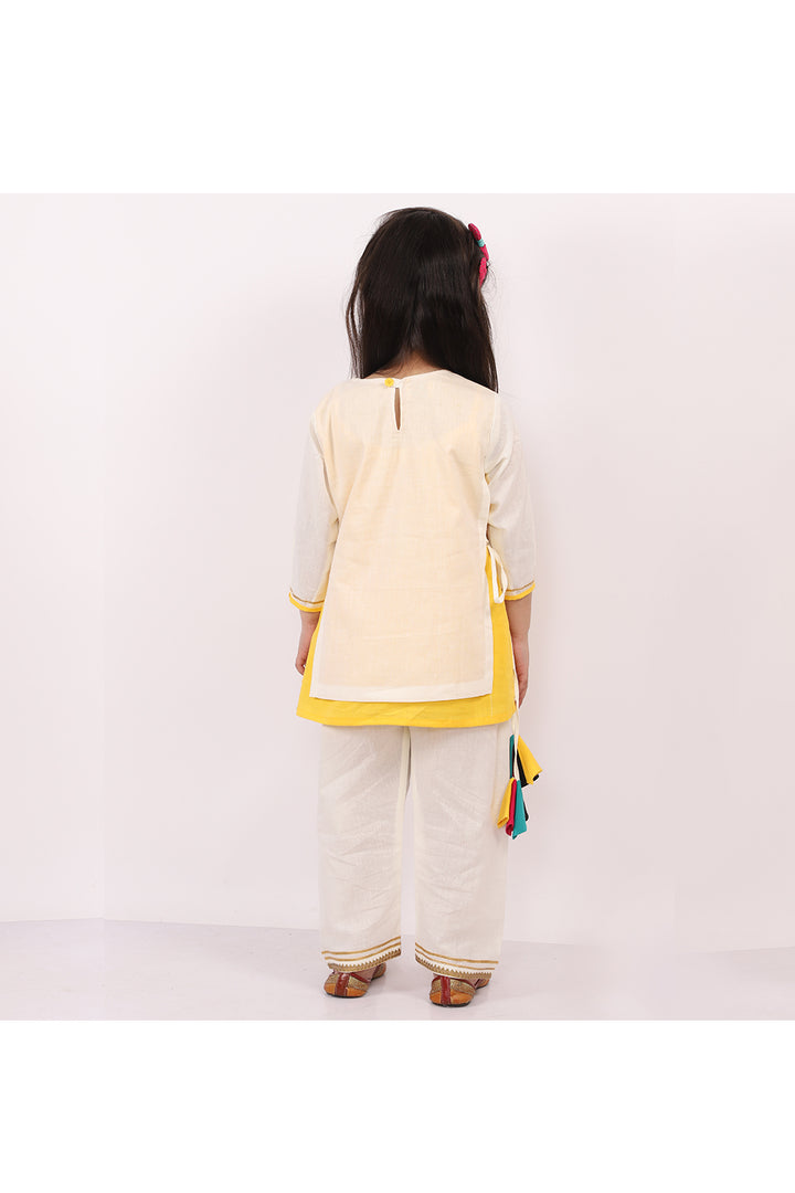 Off White And Yellow First Holi Yoke Embroidered Kurta With Pyjama