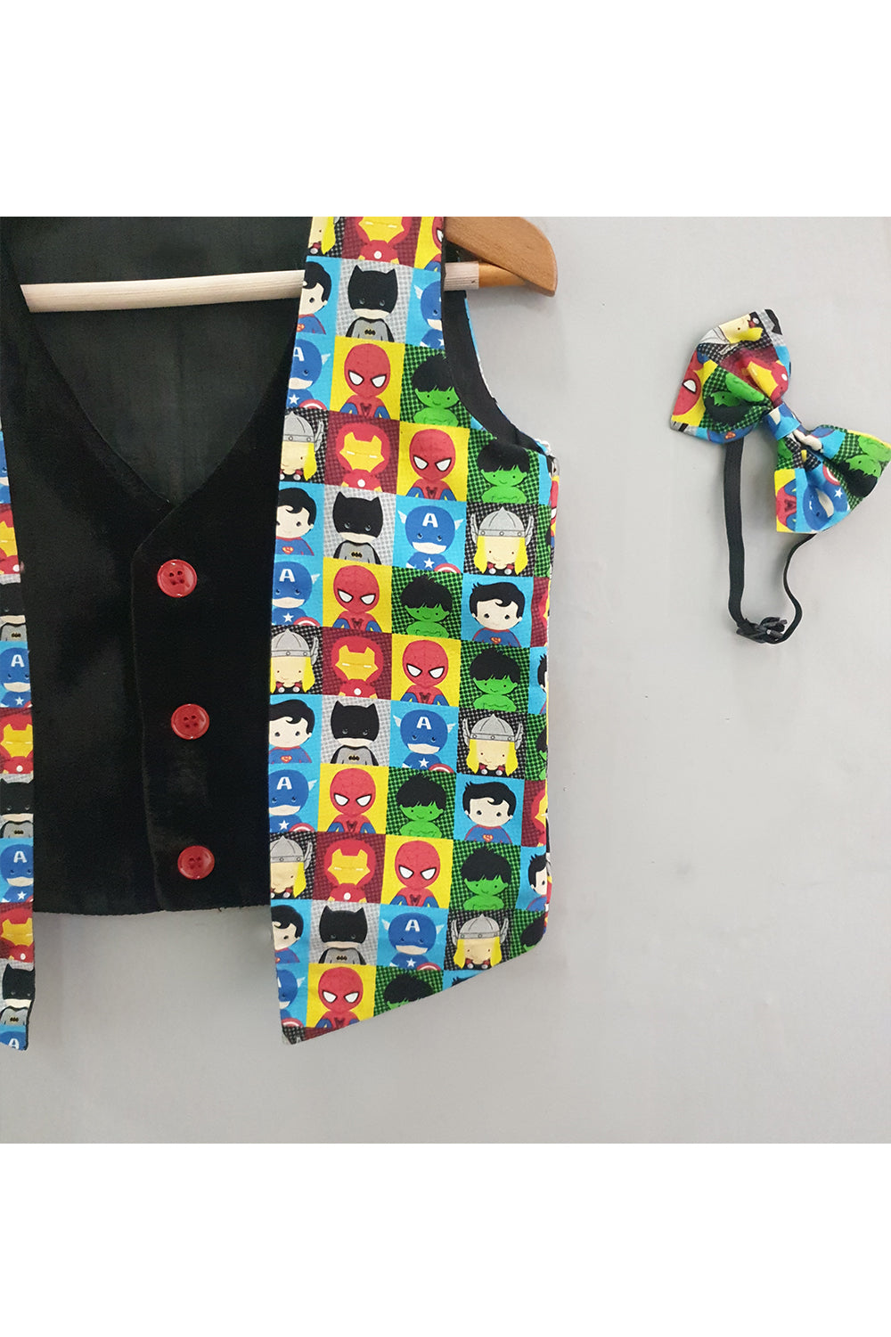Multicolor super heroes printed waist coat with bow tie
