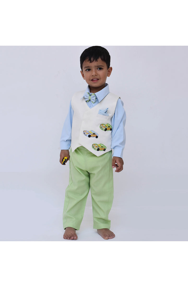 Aqua Blue Shirt With Off White Car Motif Jacket Set
