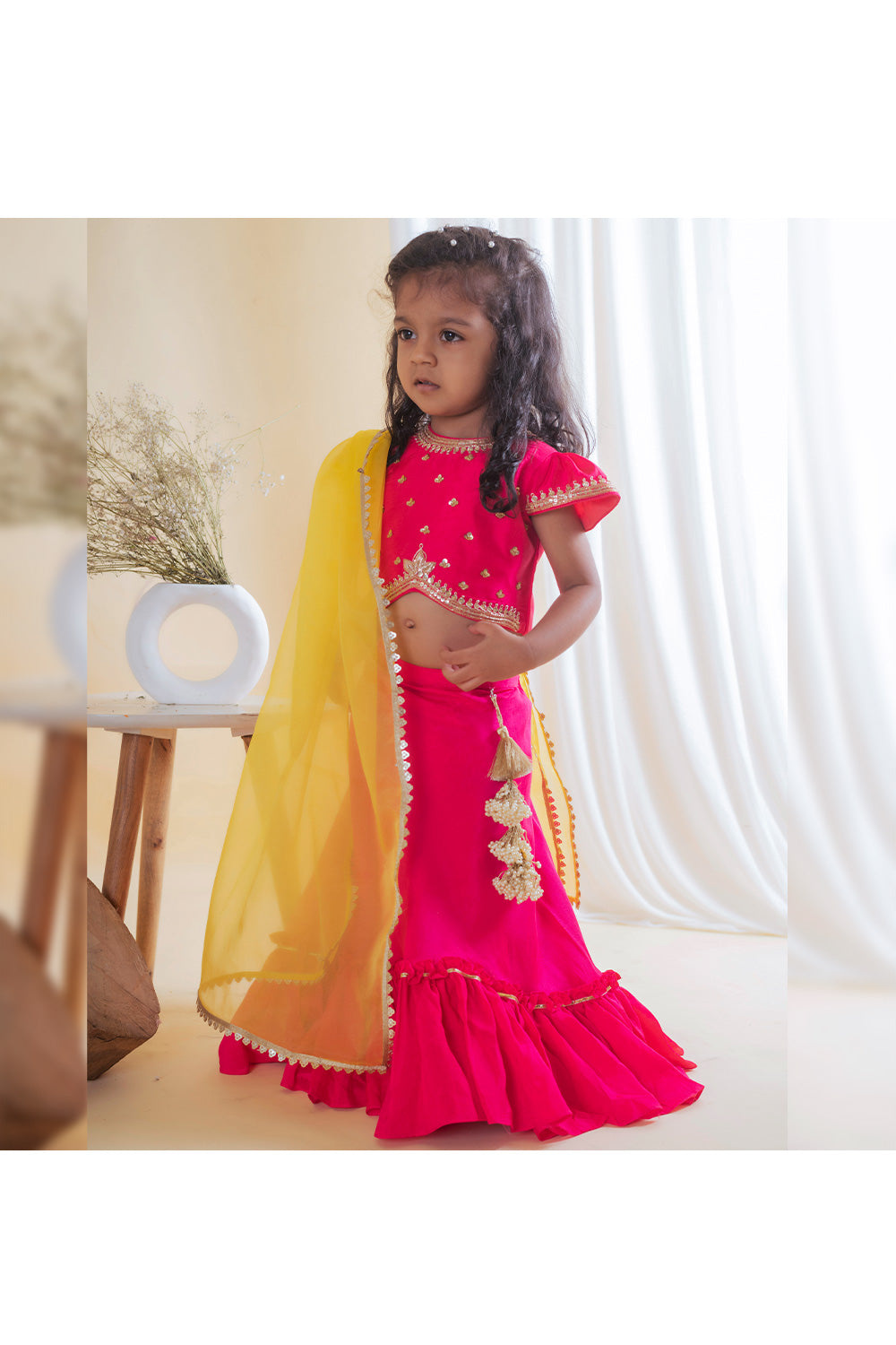 Pink Buti Embroidered Top With Frill Lehenga Set