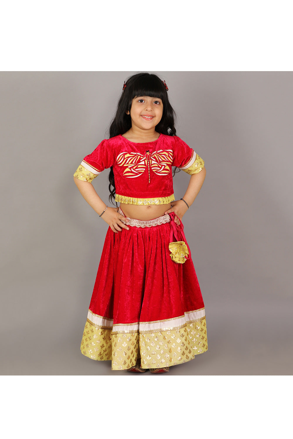 Pink Butterfly Embroidered Velvet Top With Lehenga Set