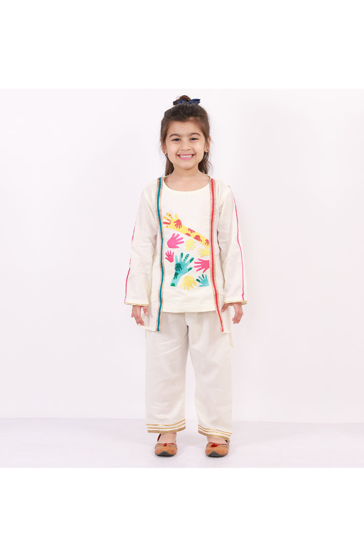 Off White Holi Hand Yoke Embroidered Kurta With Pyjama