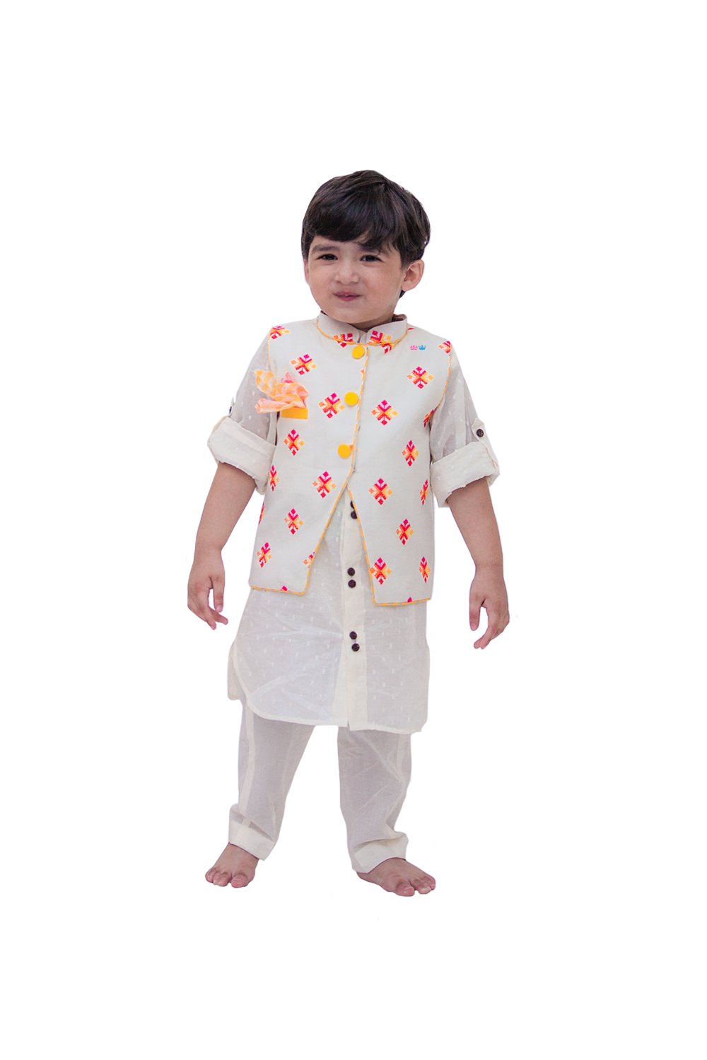 White kurta and churidar with multicolor booties nehru jacket Stylemylo