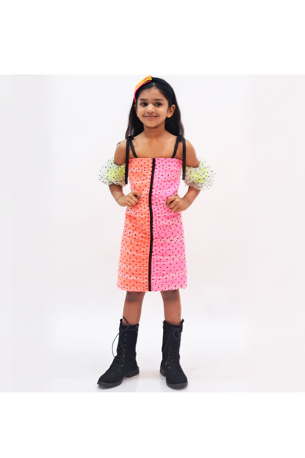 Multicolor velvet polka dots cold shoulder dress with hairband