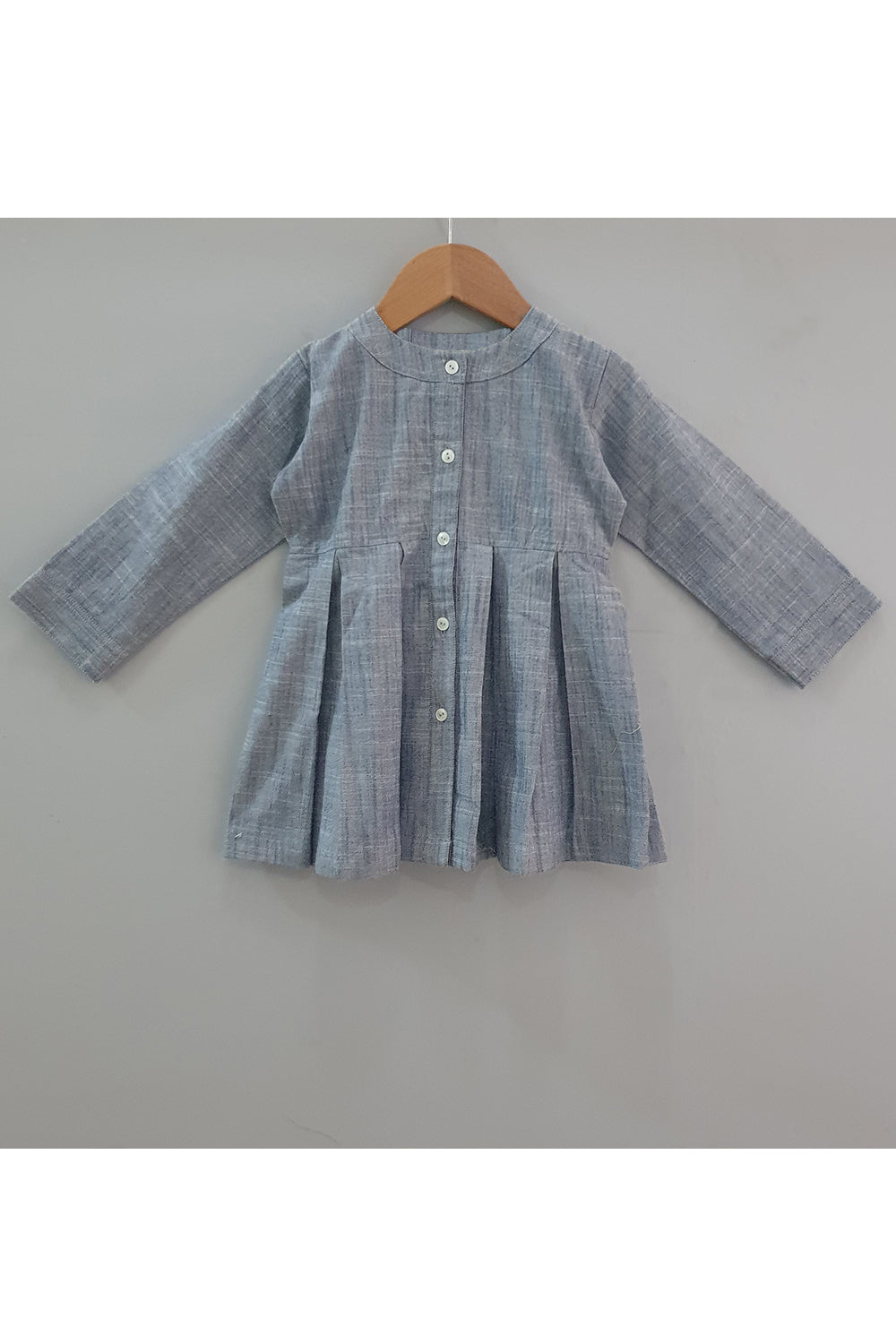 Bluish grey chambray box pleated frock dress