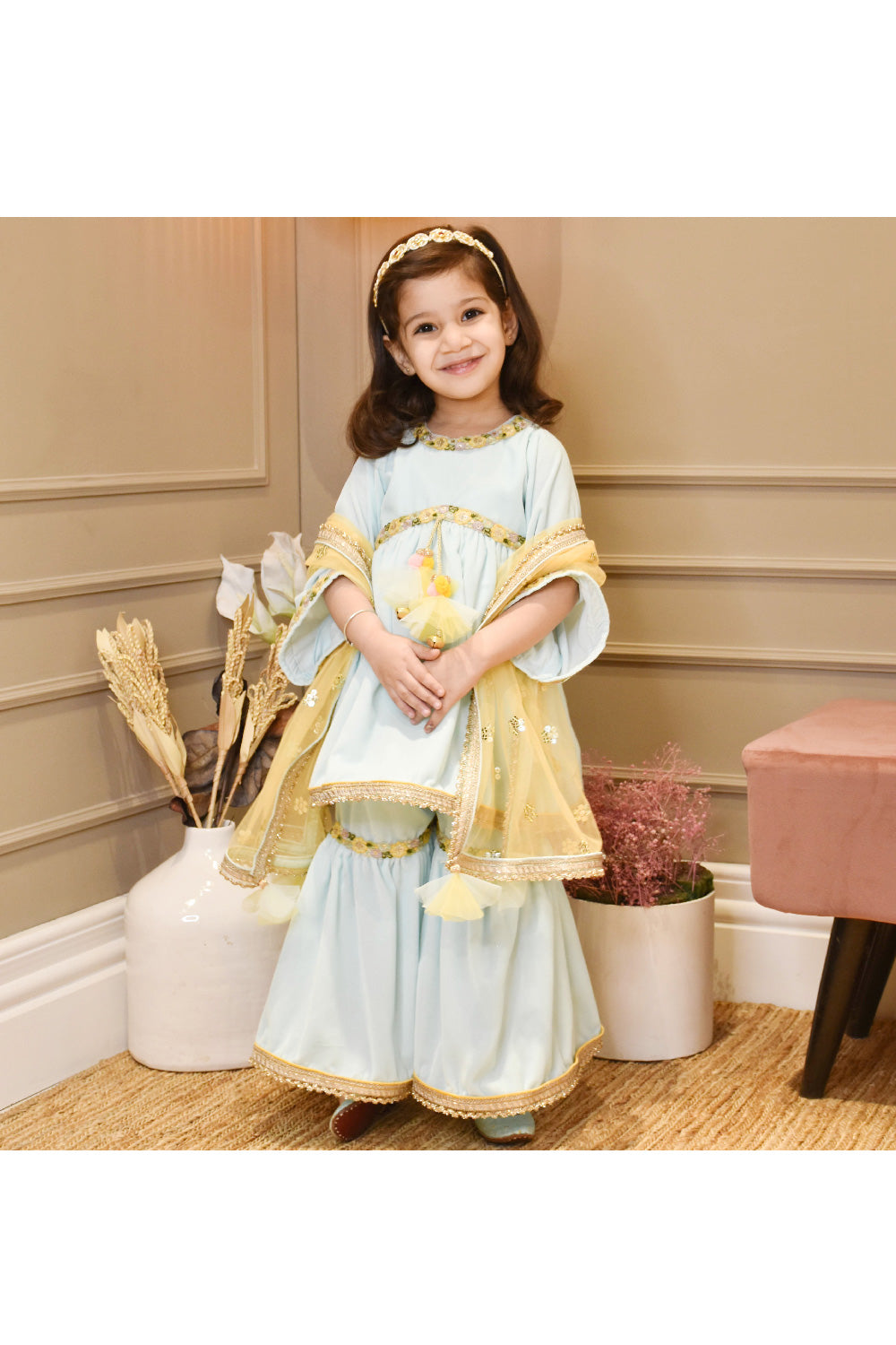 Aqua Blue Lace Detailing Velvet Peplum Style Top With Sharara Set`