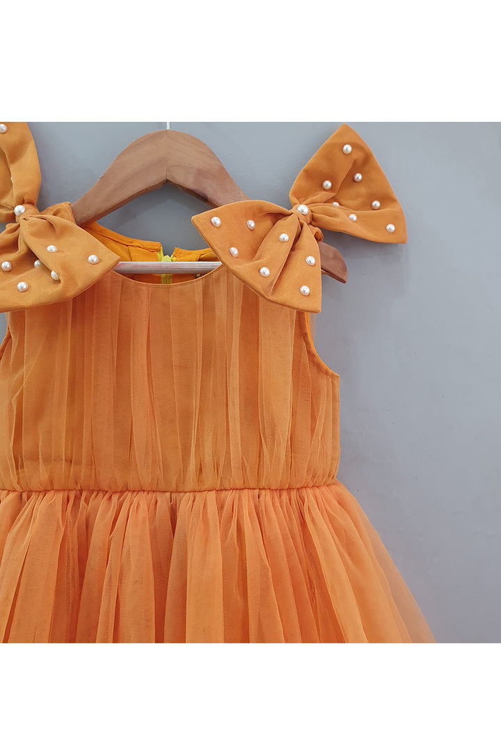 Rust Bow Frill Net Dress