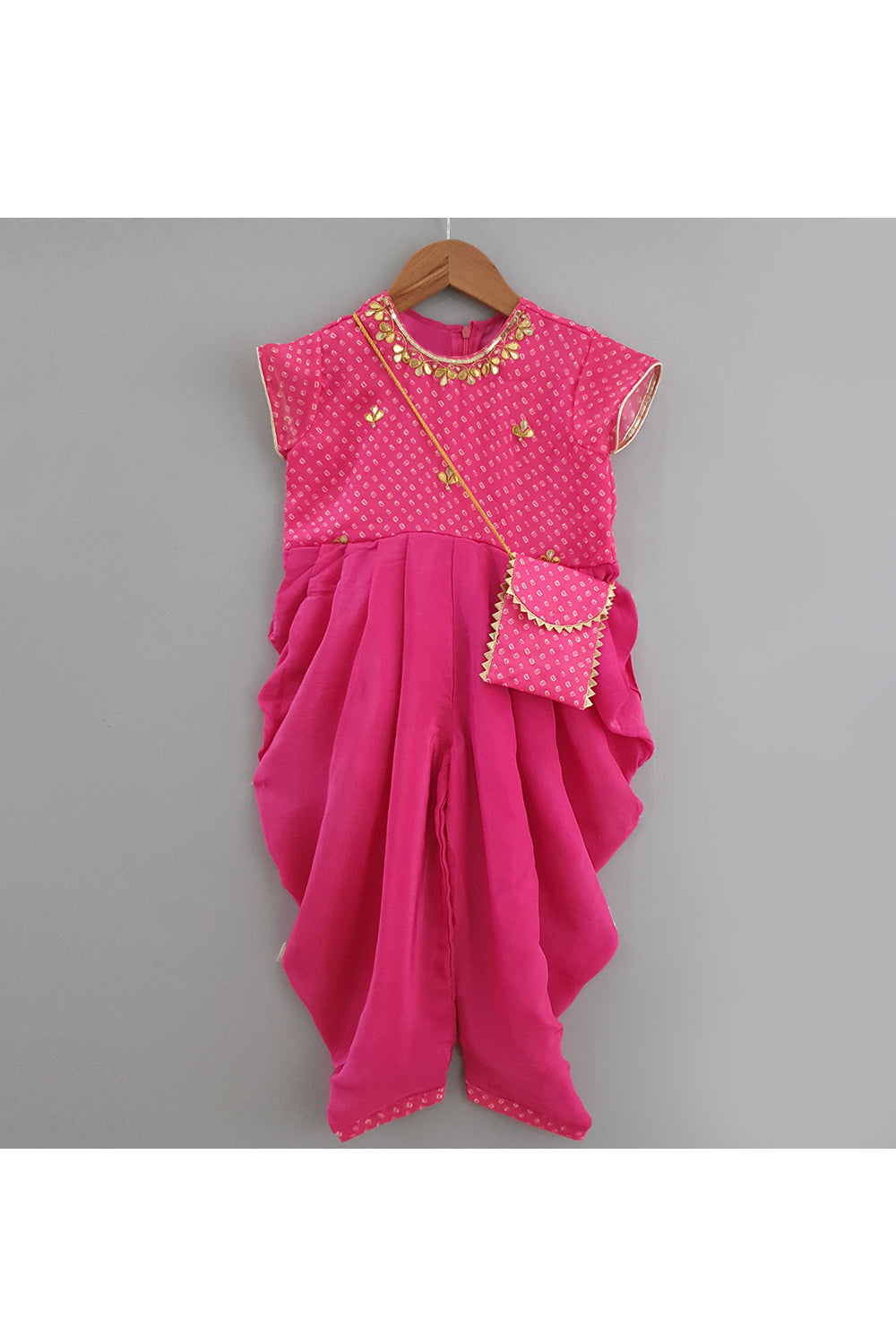 Bandhani printed yoke dhoti jumpsuit and sling bag