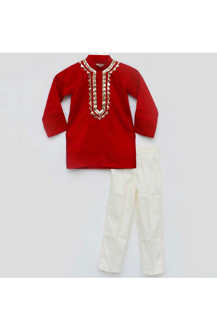 Red Embroidered Kurta With Off White Pant