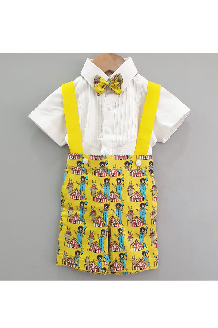 Circus theme shirt suspender and shorts set with bow