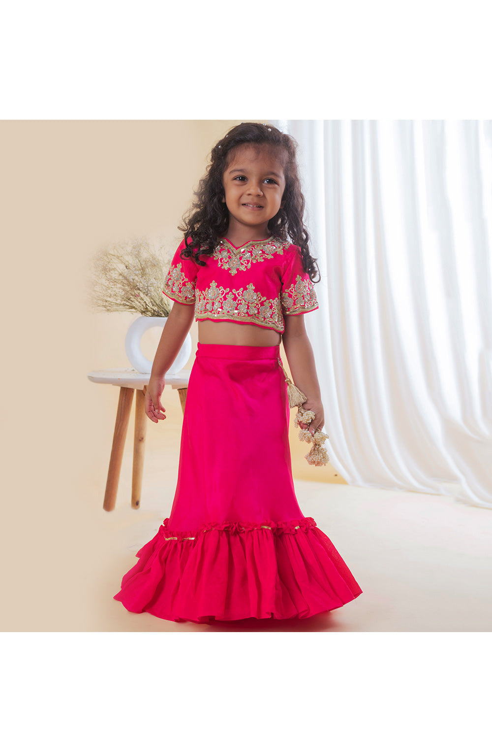 Pink Sequins Embroidered Top With Frill Lehenga Set