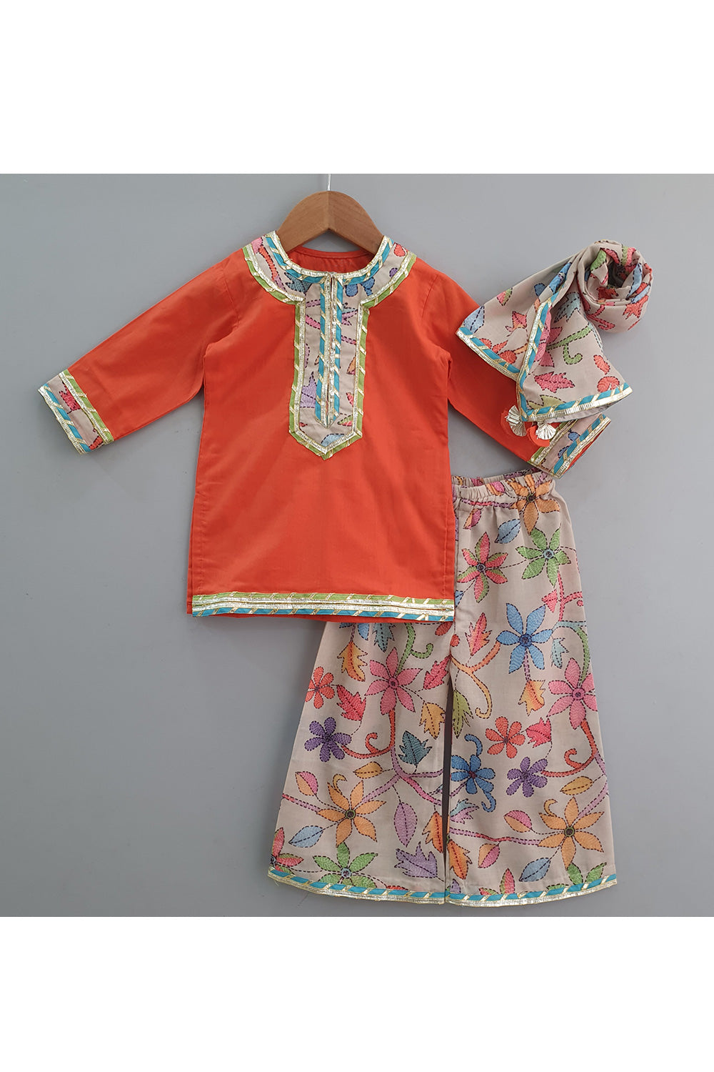 Orange Kurta With Floral Printed Palazzo And Dupatta Set
