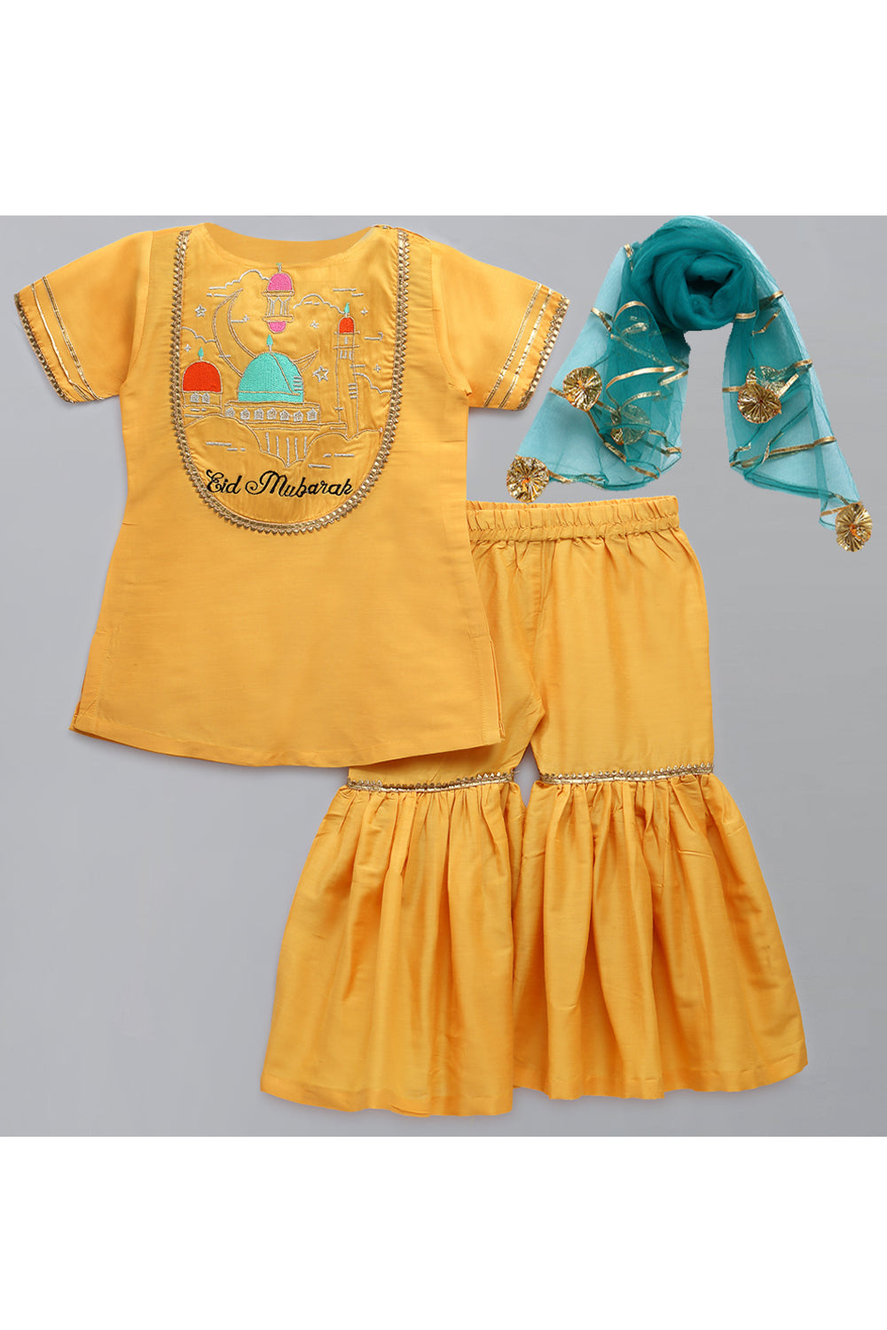 Yellow Eid Mubarak Embroidered Kurta With  Sharara Set