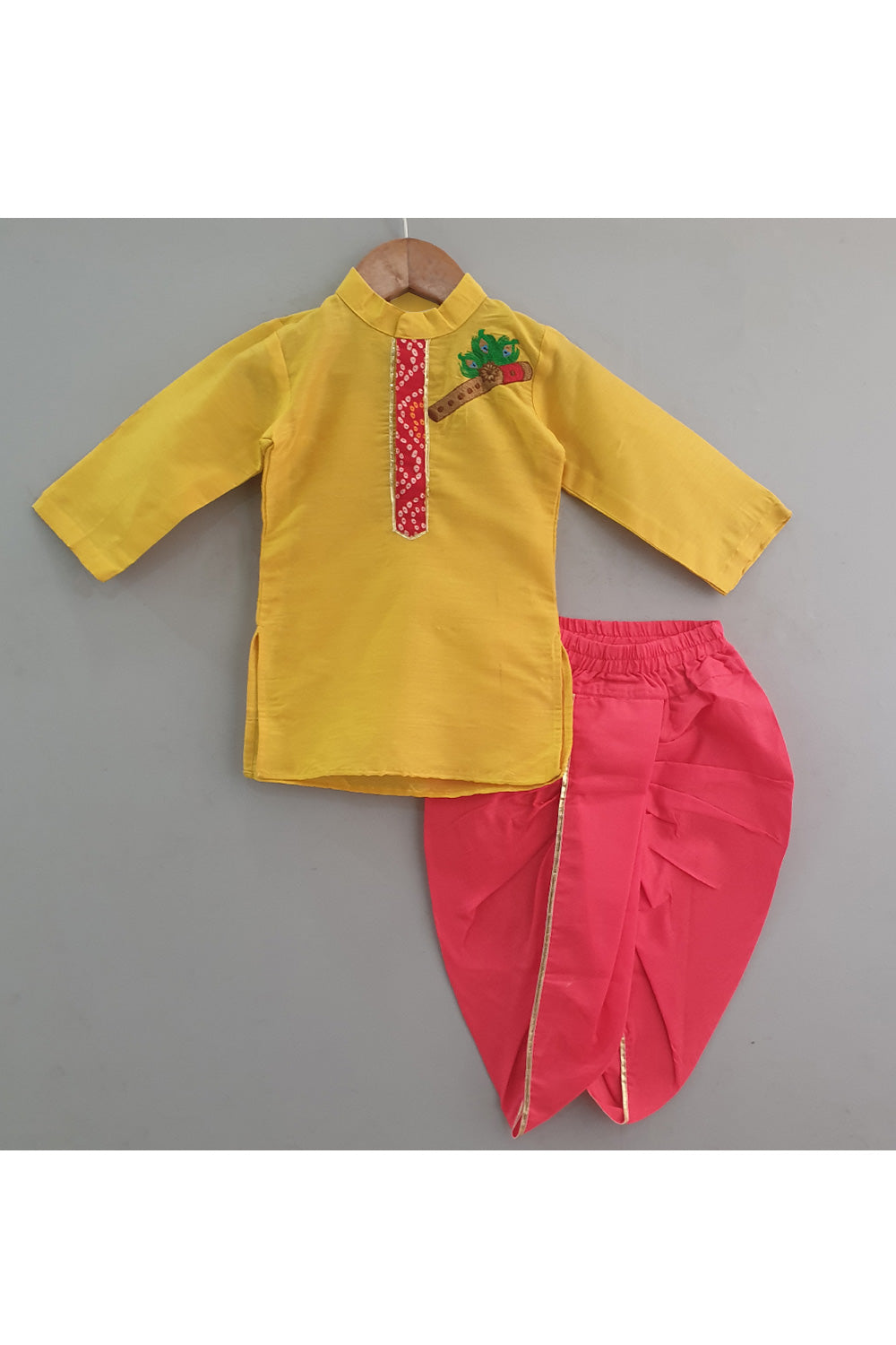 Yellow Flute Embroidered Kurta With Pink Dhoti Set