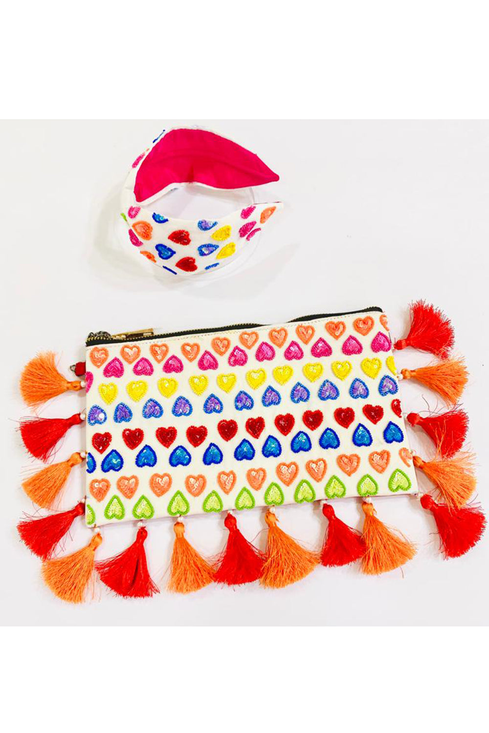 Multicolor Heart Embroidered Sling Bag With Hairband