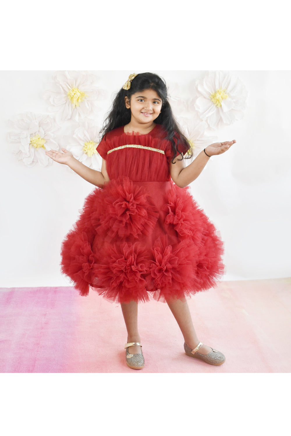 Maroon Flower Detailing Net Dress