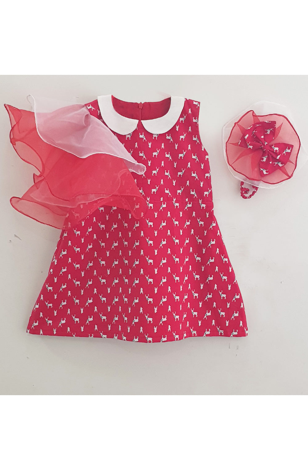 Red reindeer cotton frock with double layer flare sleeve and headgear