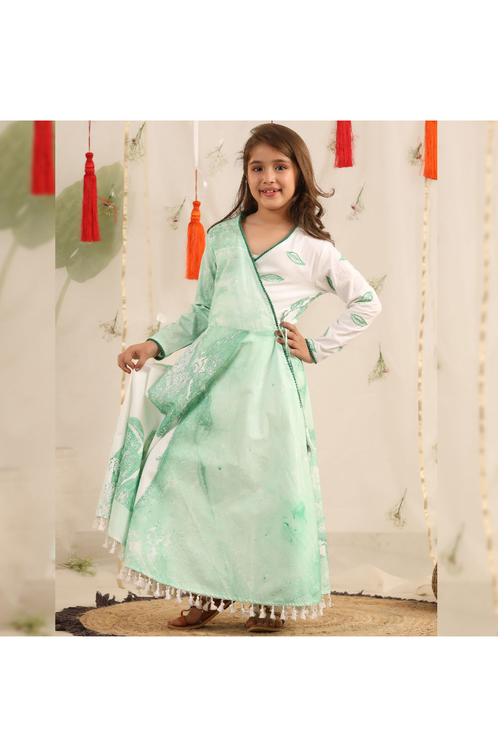 Green And White Leaf Printed Cotton Long Dress