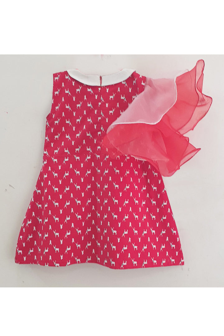 Red reindeer cotton frock with double layer flare sleeve and headgear