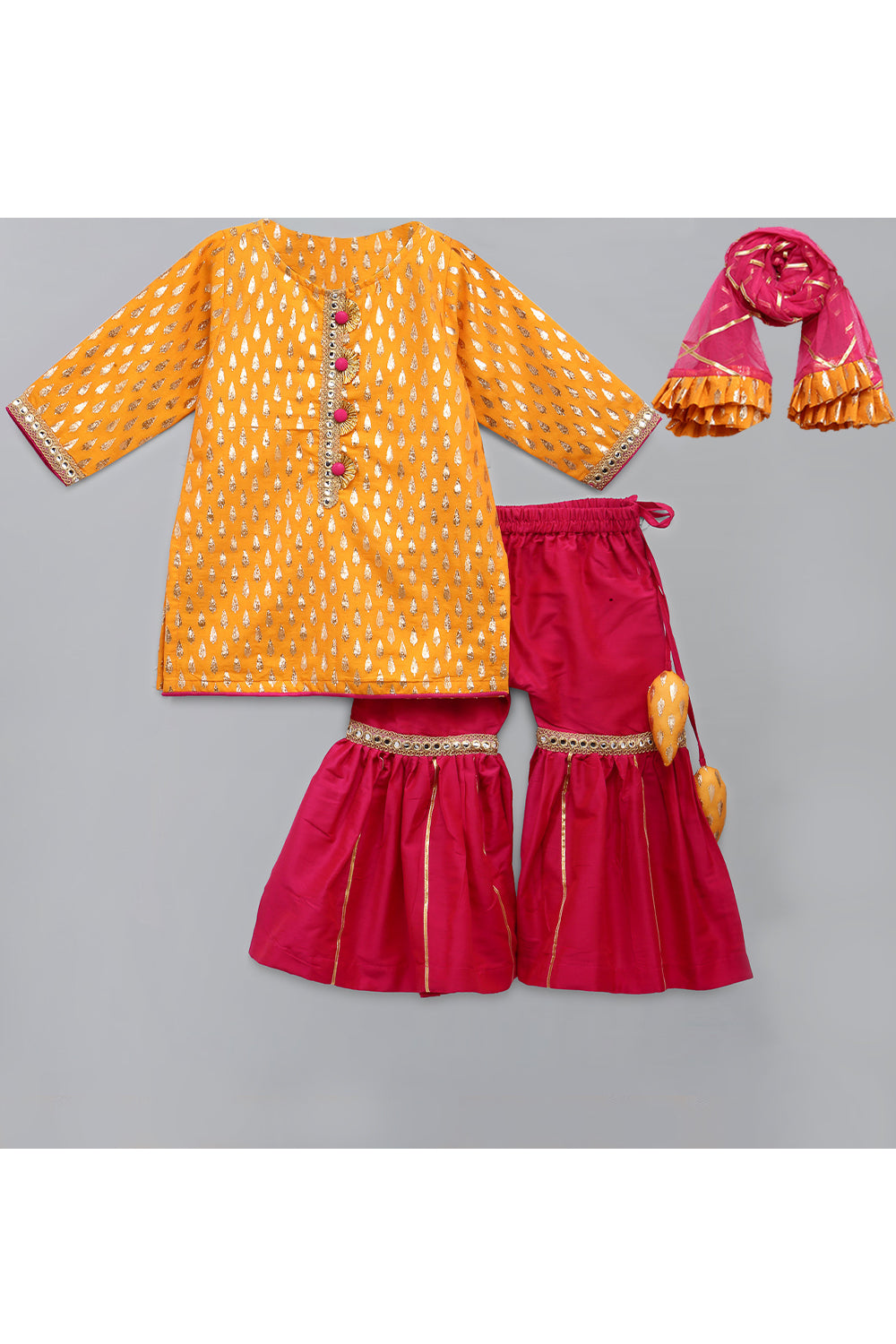 Yellow Zari Embroidered Kurta With Pink Sharara Set