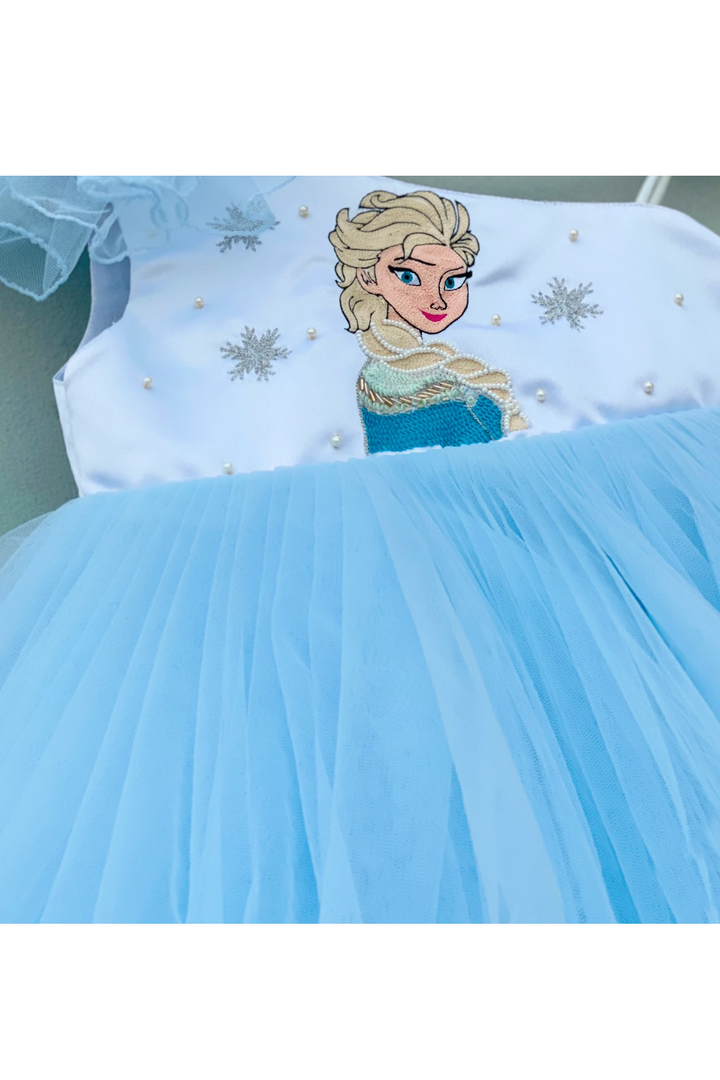 Blue and white princess embroidery high low dress