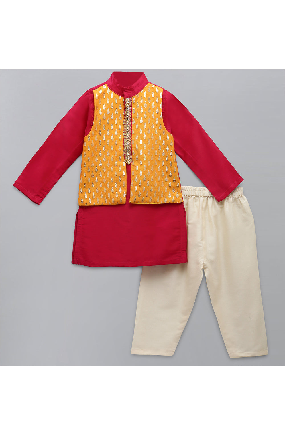 Fuschia Pink kurta With Yellow Attached Jacket And Pyjama
